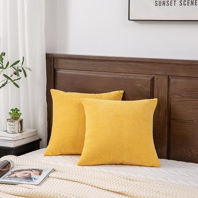 GAWAMAY Decorative Chenille Throw Pillow Covers 24x24 Inch Pack of 2, Soft Square Couch Pillow Cover for Sofa Cushion Living Room Bedroom Solid Dyed Pillowcases Mustard Yellow 60x60cm (ONLY Covers)