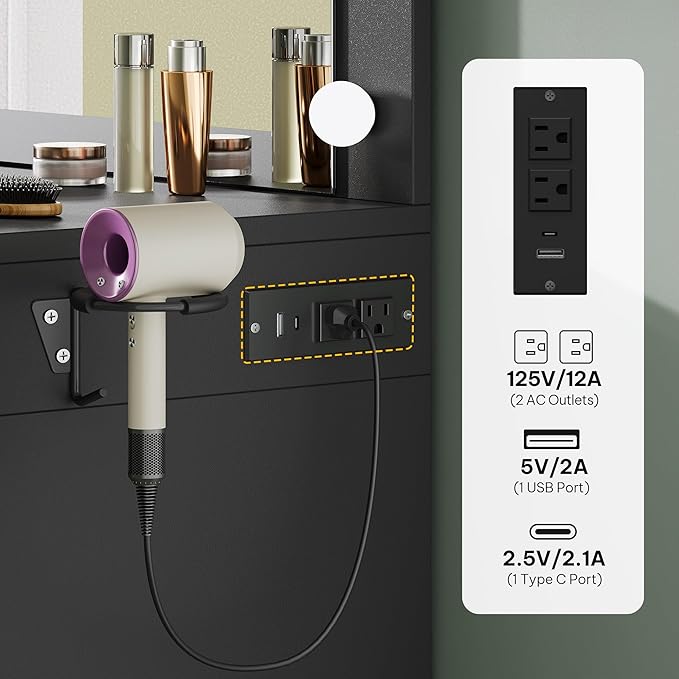 DWVO Makeup Vanity Desk with Mirror & Lights, 40inch Vanity Table with Power Outlets, 4 Drawers & 6 Open Storage Shelves, 3 Color Modes & Adjustable Brightness Dressing Table for Bedroom, Black