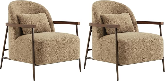 CHITA Accent Chair for Living Room Set of 2, FSC Certified Modern Upholstered Faux Sherpa Fabric Armchair with Metal Frame and Wooden Armrests, Camel