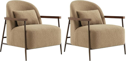 CHITA Accent Chair for Living Room Set of 2, FSC Certified Modern Upholstered Faux Sherpa Fabric Armchair with Metal Frame and Wooden Armrests, Camel