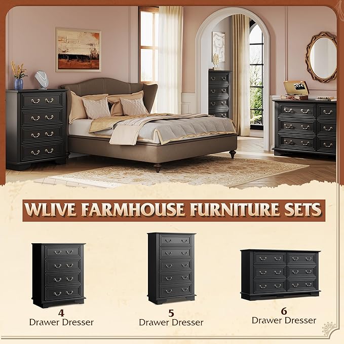 WLIVE Farmhouse Dresser for Bedroom, Tall Wood Dresser with 4 Drawers, Chest of Drawers with Roman Metal Handle for Living Room, Hallway, Closet, Black