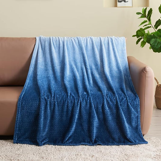 NEWCOSPLAY Super Soft Twin Blanket Ombre Blue Premium Silky Flannel Fleece Leaves Pattern Lightweight Bed Blanket All Season Use (Ombre Blue, Twin(60"x80"))