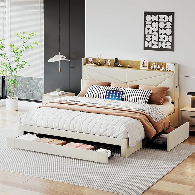 Queen Bed Frame with 3 Drawers, Upholstered Bed Frame Queen with Storage Headboard, AC USB & Type C Charge Station,Wooden Support Slats No Box Spring Needed Easy Assembly,Beige