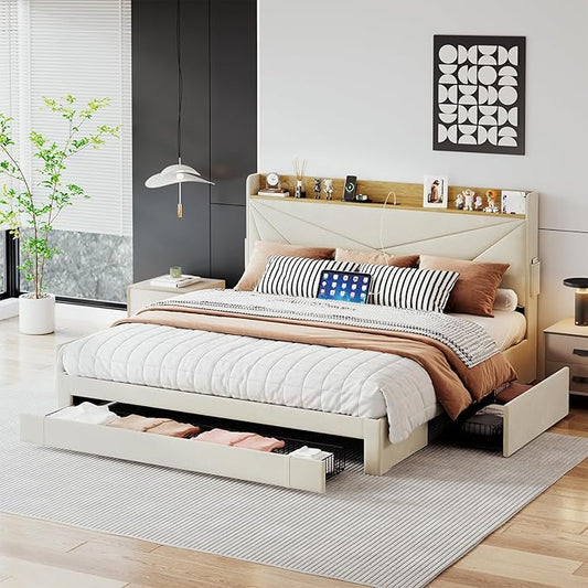 Queen Bed Frame with 3 Drawers, Upholstered Bed Frame Queen with Storage Headboard, AC USB & Type C Charge Station,Wooden Support Slats No Box Spring Needed Easy Assembly,Beige