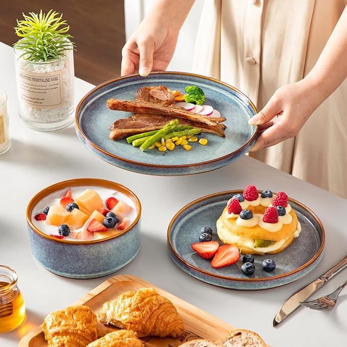 vancasso ONION Ceramic Plates and Bowls Sets, 18 Pieces Blue Dinnerware Sets for Kitchen, Reactive Glaze Dishes Set for 6, Dishwasher and Microwave Safe