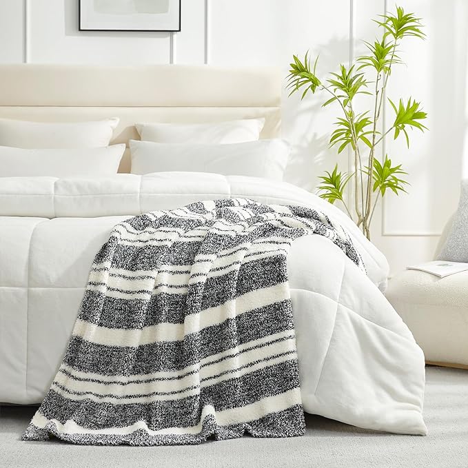 Snuggle Sac Black White Stripe Twin Size Reversible Super Soft Bedding Blanket, 60x80 inches