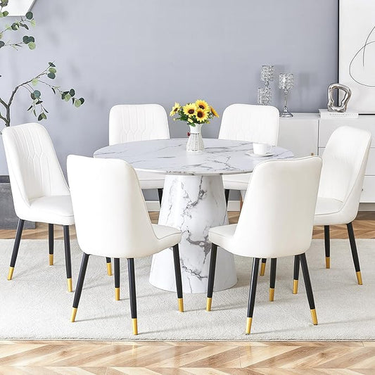45 Inch Round Dining Table Set for 6, 7 Piece Kitchen Table and Chairs Set, White Faux Marble Table Top, Small Space Dining Set for Apartment or Dining Room