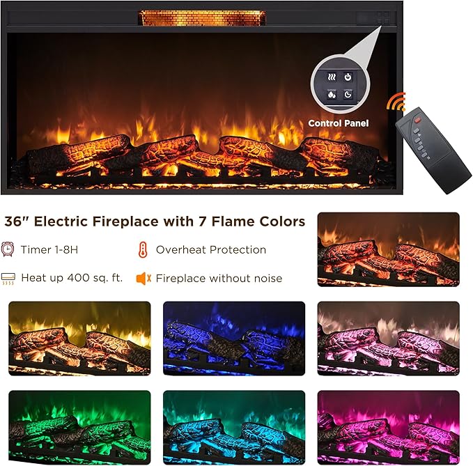 RedLemon Fireplace TV Stand for 80 Inch TV, Mid Century Modern Entertainment Center with 36" Electric Fireplace & Led Lights, Wood Media Console w/Slatted Sliding Doors for Living Room, Natural Oak