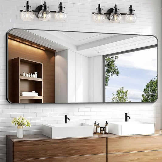 KOCUUY Black Bathroom Mirror 60"x28", Large Vanity Mirror with Rounded Corner, Metal Black Frame with Mordern Design for Bathroom, Living Room, Entryway, Hang Horizontal/Vertical