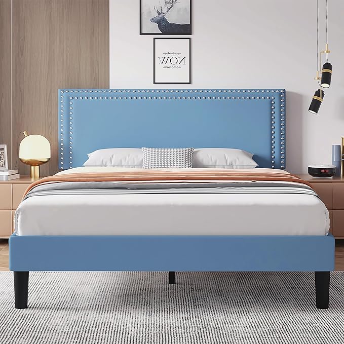 VECELO Full Size Bed Frame with Adjustable Upholstered Headboard, Wooden Slats Platform, Noise-Free Design, Easy Assembly