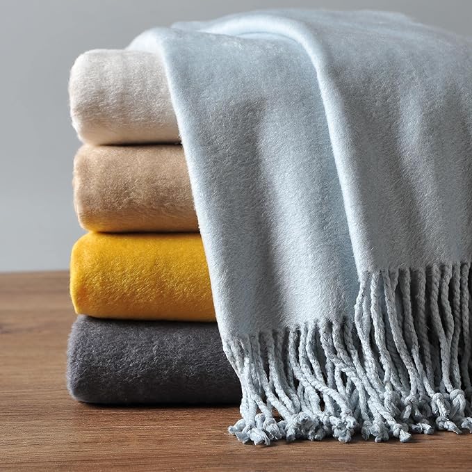 EP Mode Fringed Mulberry Silk Throw Blanket for Sofa (Baby Blue)