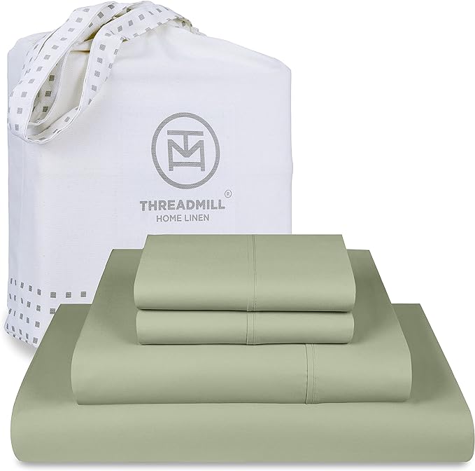 Threadmill 100% Cotton Deep Pocket/Soft/Fade Resistance, 500 Thread Count, Solid 4-Piece Full Size Bed Sheet Set (1 Flat, 1 Fitted Sheet, 2 Pillow Covers), Sage Green