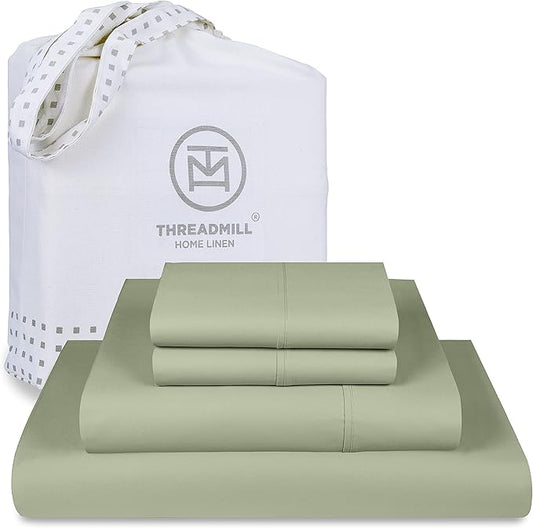 Threadmill Luxury 800 Thread Count King 100% Cotton Sheets - Sage Green Sateen Weave Bed-Sheets, Better Than Egyptian Cotton, 4 Pc Solid Soft Bed Set, Fits 16" Deep Pocket