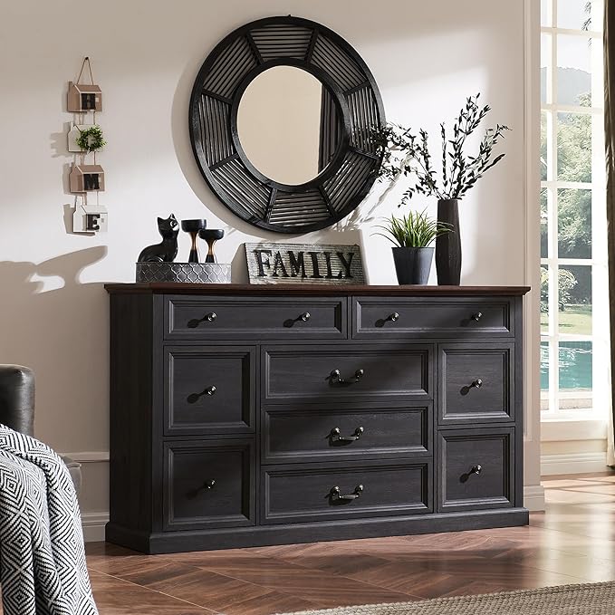Farmhouse 9 Drawers Dresser for Bedroom, 60" Wide Wood Rustic Chest of Drawers, Large Storage Dressers Organizer for Bedroom, Living Room, Hallway, Dining Room, Dark Grey
