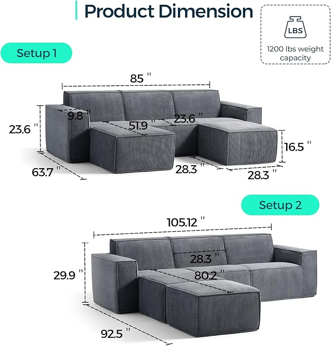 LINSY HOME Modular Sectional Sofa, 105" Boneless Couch U Shaped 3-Seat Sofa with 2 Movable Ottomans, Corduroy Sectional Cloud Couches for Living Room, No Assembly Required, Bluish Grey