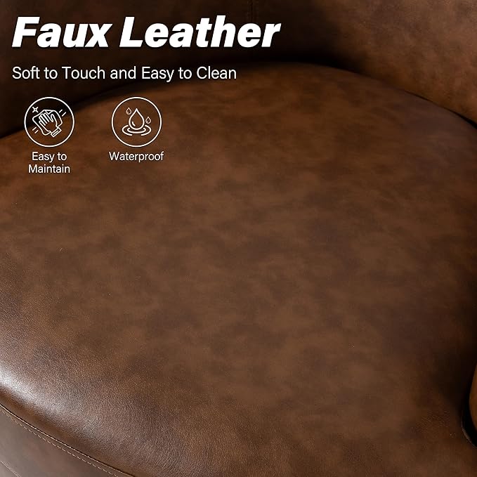 Swivel Barrel Chair, Modern Round PU Leather Accent Armchair for Living Room, Bedroom, Comfy Club Reading Chairs for Adults (Leather Coffee, Set of 1)