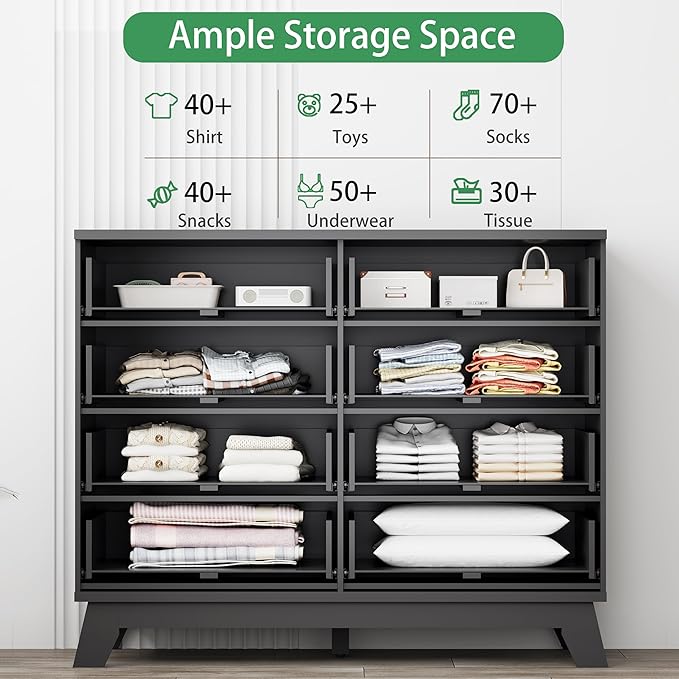 Fluted Dresser for Bedroom with 8 Drawers, 48" Wide Modern Chest of Drawers with Metal Handle, Wooden Dresser TV Stand, Wood Closet Clothes Storage Drawer Organizer for Living Room, Hallway, Black