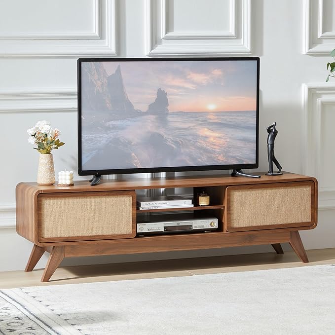 AVZEAR Mid Century Modern TV Stand for TVs up to 65'', Farmhouse Entertainment Center with Storage, TV Cabinet Table with Nature Linen Doors, Media Console TV Consoles for Living Room Bedroom (Walnut)
