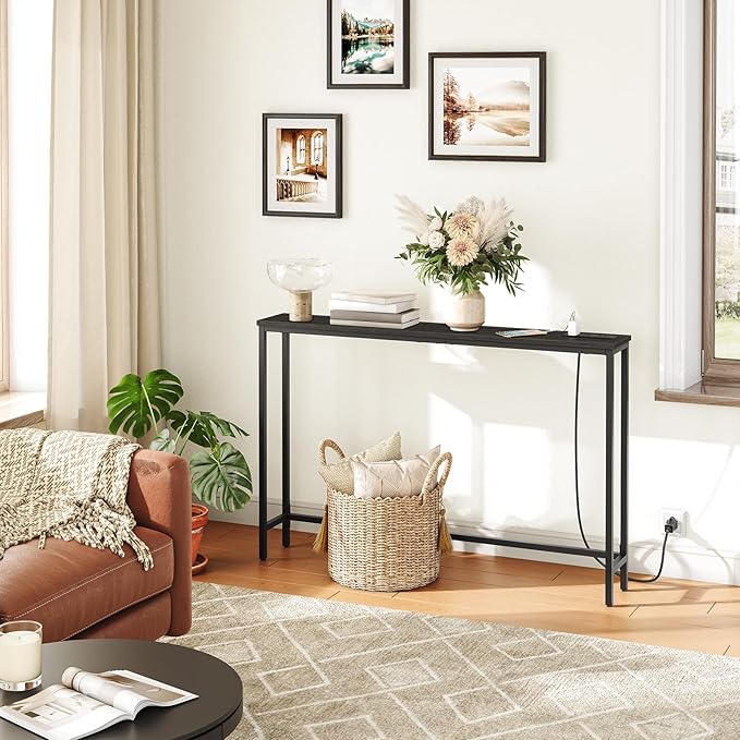 HOOBRO 47.2" Skinny Console Table with Power Outlets, 5.9" Behind Couch Table with Charging Station, Narrow Sofa Table, Long and Thin Table for Entryway, Living Room, Black BB15XG01G1