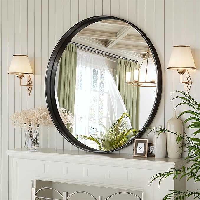 Suidia 36" x 36" Bathroom Mirror, Bathroom Vanity Mirror Metal Framed, Wall-Mounted Mirrors for Bedroom, Living Room, Entryway, Hallway, Black, Round Style