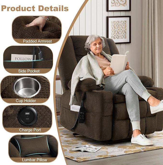 Infinite Position Power Lift Chair, Dual Motor Power Lift Recliner Chair with Massage and Heat Function for Elderly People, USB Charging Ports, Dark Brown