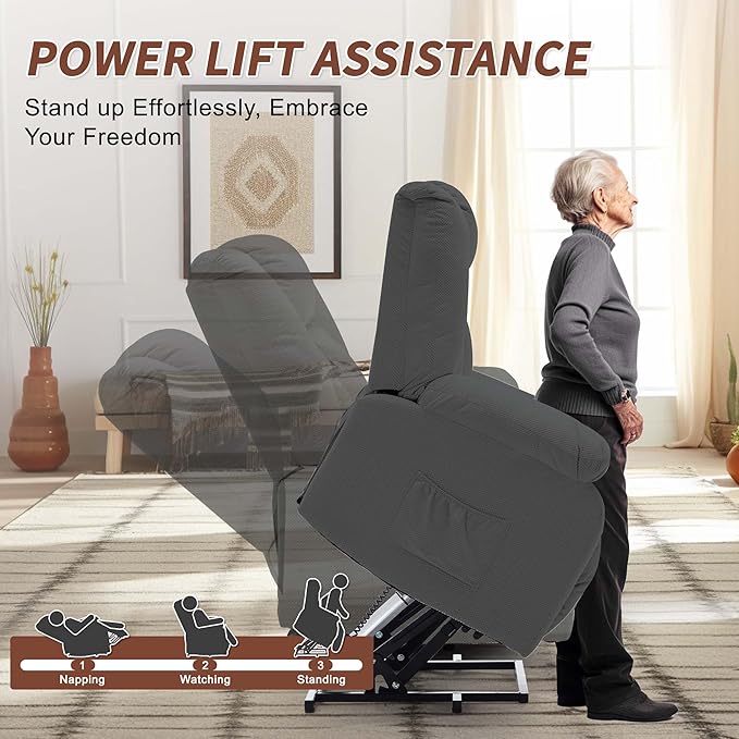 Oversized Dual Motor Power Lift Recliner for Adults, Electric Lift Chair with Heating and Massage, Waffle Fabric Electric Recliner Chair with Side Pockets, Wide Recliner for Living Room