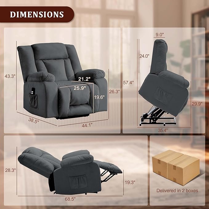 Oversized Dual Motor Power Lift Recliner for Adults, Electric Lift Chair with Heating and Massage, Waffle Fabric Electric Recliner Chair with Side Pockets, Wide Recliner for Living Room