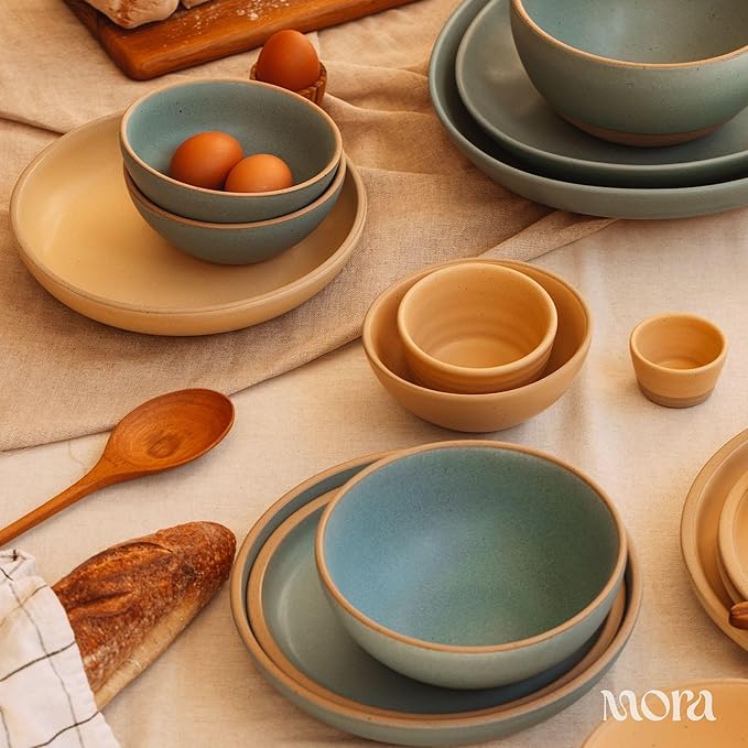 MORA Medium Dishes Set of 4, 30oz Ceramic Pottery Pasta Plate/Wide Bowls - Microwave, Oven and Dishwasher Safe - Merrigold
