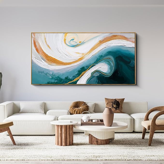 XLSJERST Abstract Canvas Wall Art for Living Room - Large Frame Blue and White Wall Decor Picture Modern Orange Painting Artwork for Bedroom Home Office Decoration Size 48x24 Inches