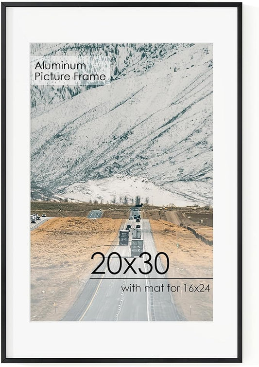 20x30 Metal Picture Frame for Wall With Mat for 16x24, 20''x30'' Aluminum Photo Frames With Tempered Glass for Home Decor, Minimalist Modern Poster Frame Horizontal And Vertical Formats, Black