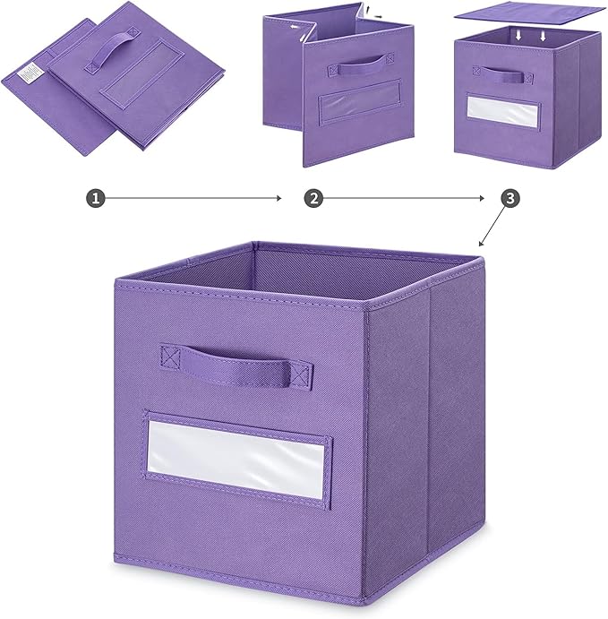 artsdi 13x13x13 storage cube bins (Set of 10) Fabric storage cubes with 10 Labels Window Cards & a Pen, storage cubes 13x13, Collapsible 13 inch cube storage bins, Cubby Organizer Boxes, Purple