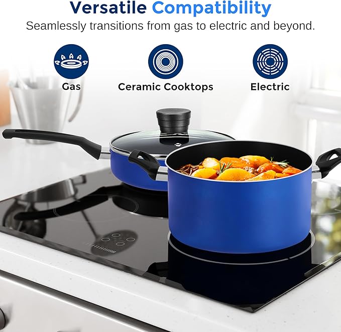 SereneLife 15-Pc Blue Cookware Set - Non-Stick, Heat-Resistant Pots & Pans with Lids, Dishwasher Safe, Includes Matching Utensils