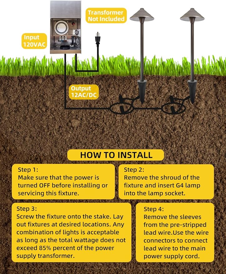 COLOER 4-Pack 12V Brass Outdoor Low Voltage Pathway Lights for Outside(Bronze,23" Tall, 7.5" Shade) with 2W 2700K G4 LED Bulb(604B)