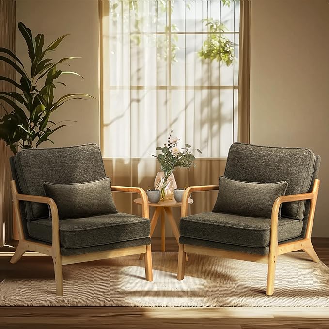COLAMY Mid Century Modern Accent Chair Set of 2 with Lumbar Pillow, Relaxing Armchair with Solid Wood Frame & Soft Cushion, Reading Leisure Chair for Living Room（Green）