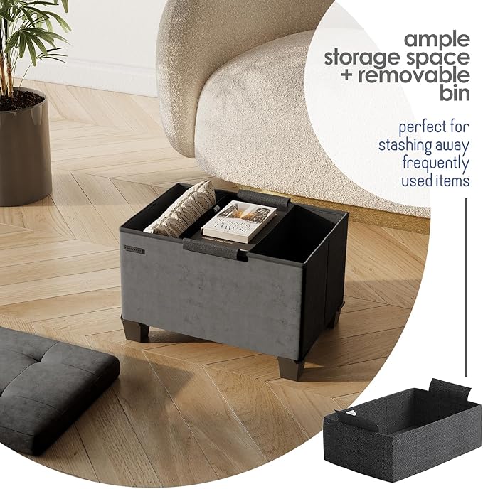 STORAGEBUD Storage Ottoman Cube with Small Bin, 16-in Square Ottoman with Storage for Living Room and Bedroom, Small Ottomans Foot Rest, Velvet Foot Stools Ottomans Max 330lbs, Grey