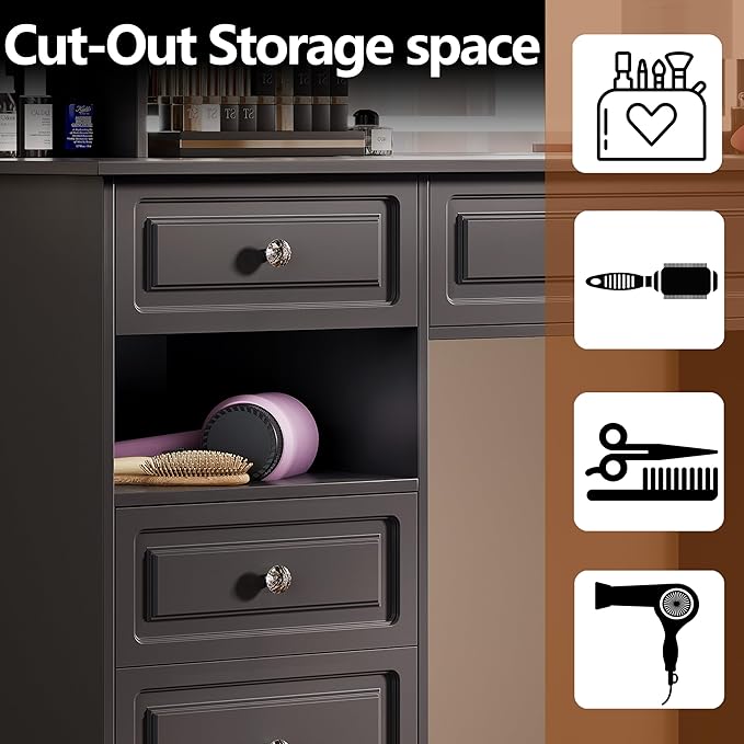 Black Vanity Desk with Lighted Mirror, Large Storage Makeup Vanity with 9 Drawers, Makeup Dressing Table with Crystal Ball Knobs for Bedroom