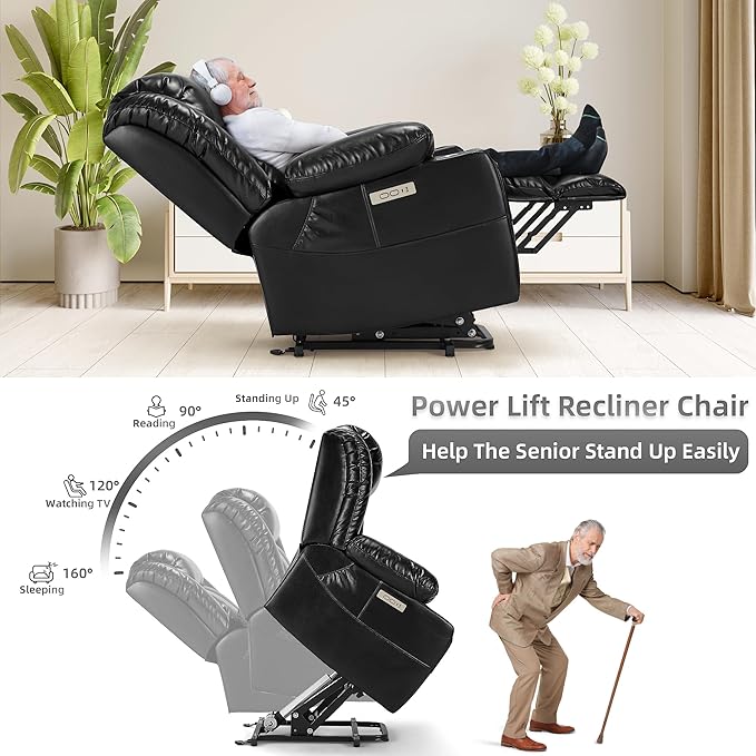 Power Lift Recliner Leather Chair Sofa with Massage & Heat, Lazy Boy Chair with Cup Holders, USB & Type-C Ports, Remote Control (Black)