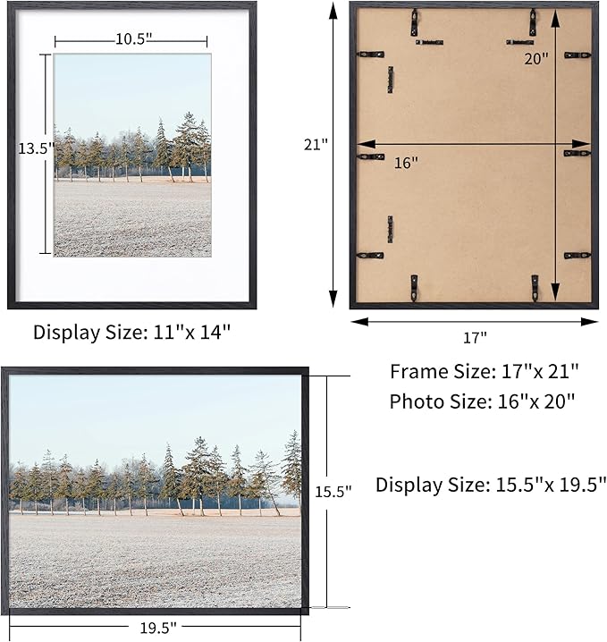 Axeman 16x20 Picture Frame with Mat for 11x14, Solid Oak Wood Poster Frame with Tempered Glass for Home Decor, Wooden 16x20inch Photo Frame for Art Photo and Prints, Wall Hook Included, Black