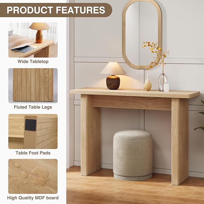 Fluted Entryway Console Table, Wooden Rectangular Sofa Table for Entrance, Narrow Wood Entryway Small Long Entry Table for Hallway, Living Room (Natural)