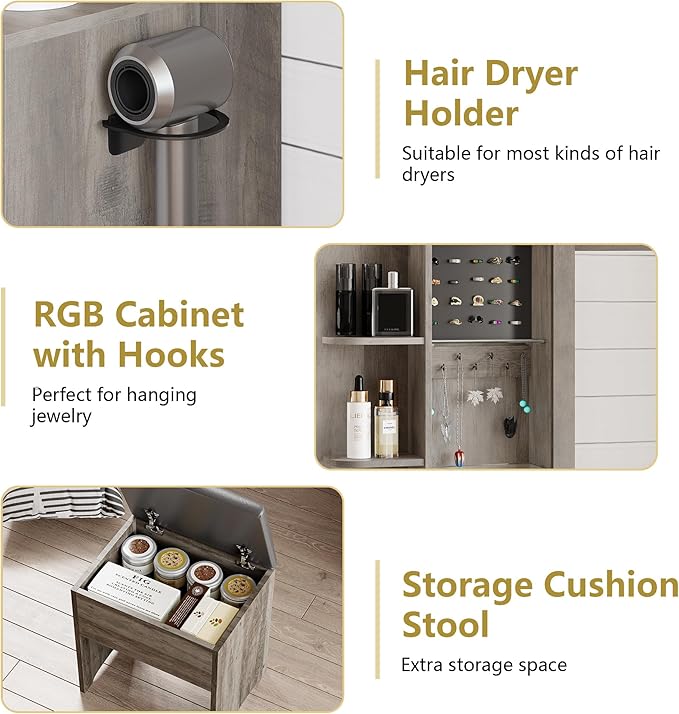 Vanity Desk with Mirror and Lights, Makeup Vanity Table Set with 5 Storage Drawers, Power Outlet & Chair, Small Dressing Table with RGB Ambient Light, Adjustable Brightness for Girls Bedroom, Grey