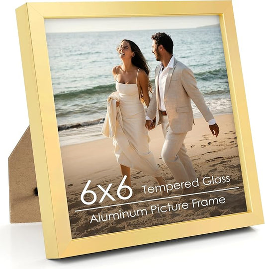 6x6 Metal Picture Frame - Gold Aluminum Square Frames with Real Glass, Wall Mounting Horizontally or Vertically, Simple and Elegant Decor for Wall Gallery Poster Photo Frames, Gold