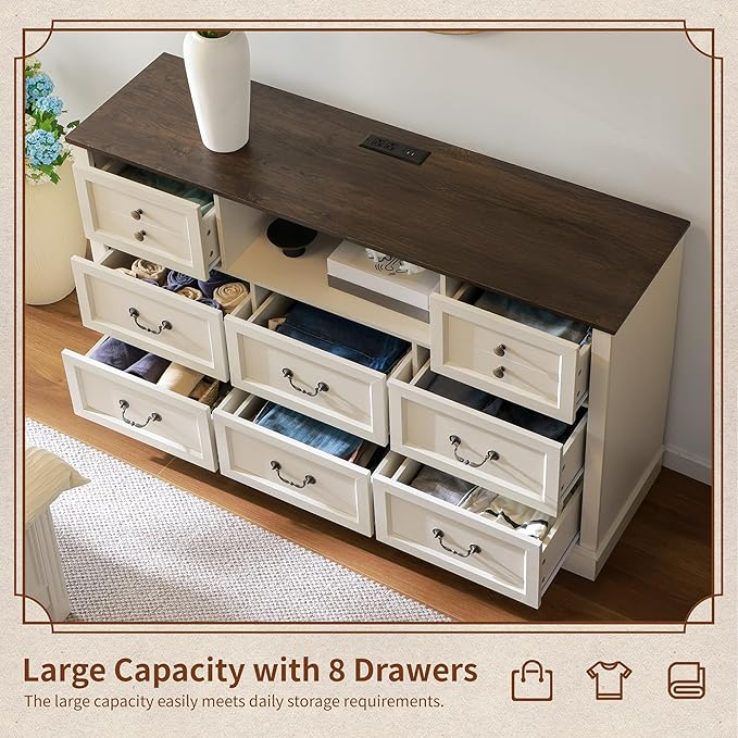 White Dresser for Bedroom with Charging Station & Led Lights,55.02" TV Stand with 8 Drawers,Dressers & Chests of Drawers with Open Shelves,Hallway,Closet 55.02" W x 34.53" H x 15.77" D White