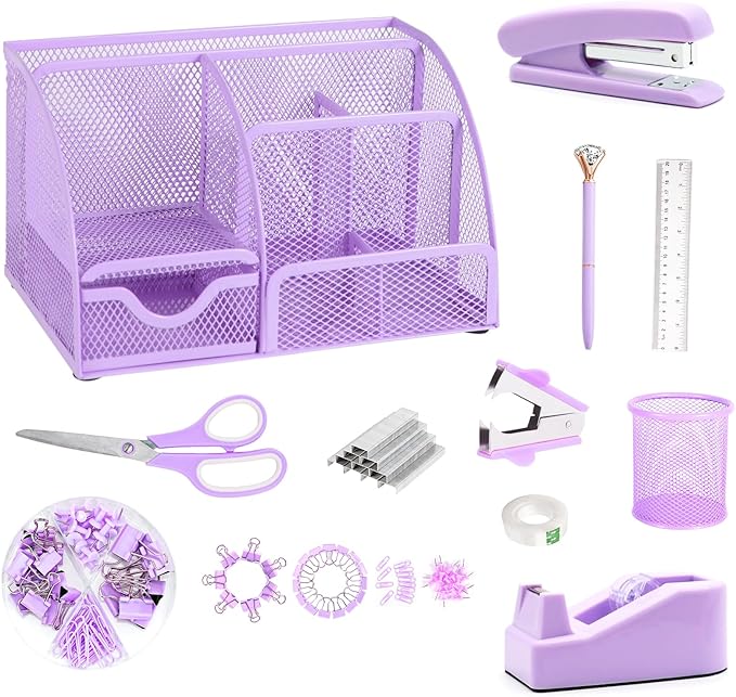 yuun Desk Organizers and Accessories, Purple Office Organizer for Women Storage with Stapler, Tape Holder, Clips Set, Staple Remover, Scissor, Pen Holder, Ruler, Pen, Staples and Transparent Glue