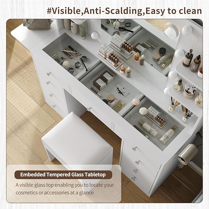 Vanity Desk & Power Outlet, Makeup Vanity with Mirror and 10 LED Lights, 3 Lighting Modes Brightness Adjustable, Makeup Table with 4 Shelves and Fold-up Panel, Vanity Set for Bedroom, White