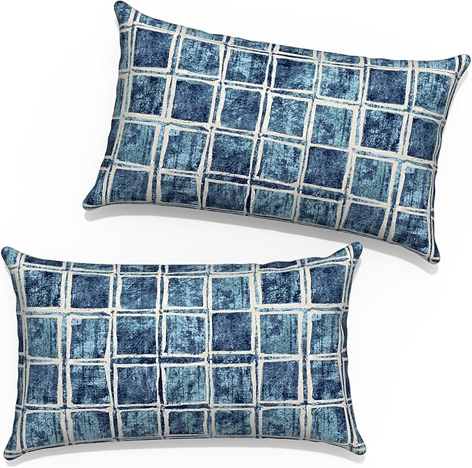 Outdoor Lumbar Pillow Covers 12”x20”, Rectangle Throw Pillow Covers for Patio Furniture, Decorative Lumbar Cushion Case for Garden Balcony Couch Office Chair, Pack of 2,Denim Blue Checkered