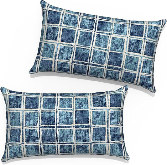 Outdoor Lumbar Pillow Covers 12”x20”, Rectangle Throw Pillow Covers for Patio Furniture, Decorative Lumbar Cushion Case for Garden Balcony Couch Office Chair, Pack of 2,Denim Blue Checkered