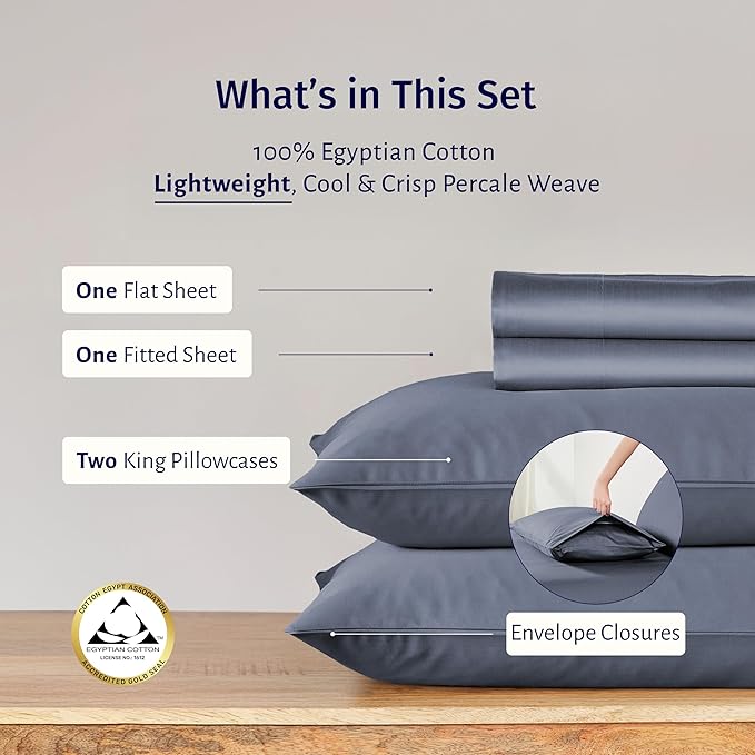 California Design Den Certified 100% Egyptian Cotton California King Sheets Set - Percale Cal King Sheet Set with Deep Pockets, Cool, Crisp & Durable Luxury Bedding - Mineral Blue