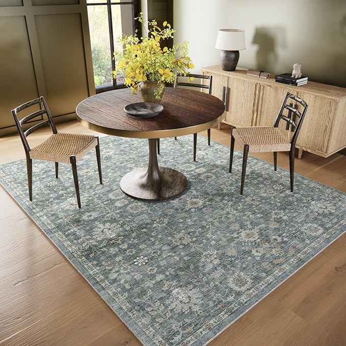 6x9 Washable Rug Vintage Fade Resistant Boho Distressed Non-Slip Indoor Large Carpet Low Pile Lightweight & High-Traffic Safe for Bedroom, Dorm, Playroom - Farmhouse Decor