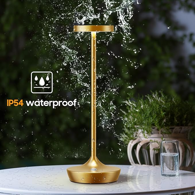 Cordless Table Lamp, Battery Operated LED Desk Lamp, 3-Color Stepless Dimming, Portable & Waterproof, for Restaurants, Bedrooms, Bars, Outdoor Parties, Camping, and Cafes (Gold)