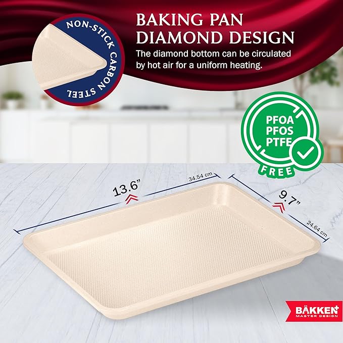 BAKKEN Kitchen Baking Pans - Nonstick White Coating, 13.58’’ × 9.65’’ Commercial Grade Carbon Steel Cookie Sheet, Diamond Texture Bottom, PFOA, PFOS, PTFE Free, Oven Safe Tray (450°F), White Marble